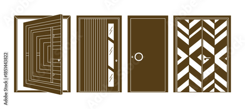 Brown door vector set. Different designs of home entrance, including opening and closing doors.