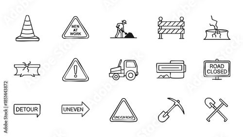 Road Construction Icons Safety Traffic Signs Tools  Equipment.