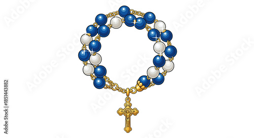 A beautiful rosary with blue and white beads, featuring a golden cross, symbolizing faith and prayer