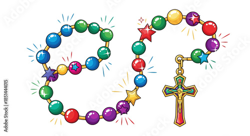Vibrant illustration of a colorful rosary with sparkling round and star-shaped beads and a detailed crucifix, symbolizing faith, spirituality, and joyous contemplation