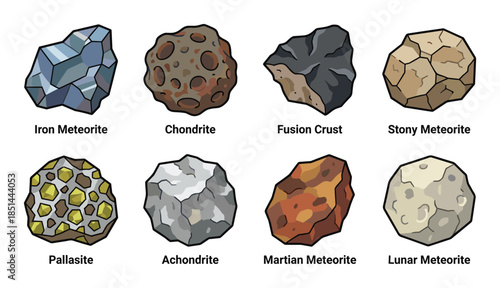 Chart showing meteorite types; iron meteorite, chondrite, fusion crust, and stony meteorite.