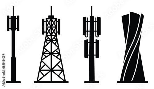 Cell tower silhouettes illustration featuring diverse communication and telecommunication structures.