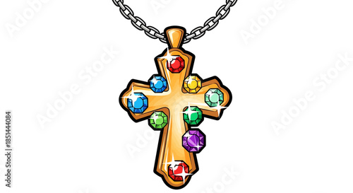 Golden cross necklace adorned with colorful gemstones, representing faith and personal style