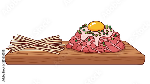 Raw Beef Dish with Egg Yolk and Noodles Illustration