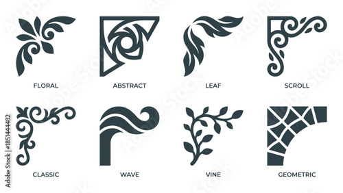 Collection of corner design ornaments with floral, abstract, geometric, and classic elements.