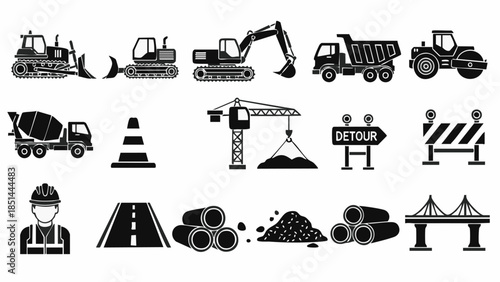 road construction icons set heavy machinery construction site.