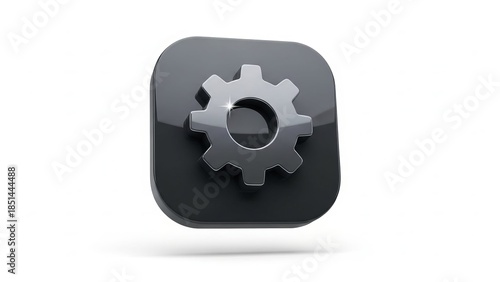 3D rendering of a metallic gear icon on a glossy black square button isolated on white background