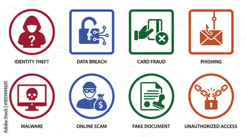 Collection of cyber security threats icons set, data breach, card fraud, online scam, etc.
