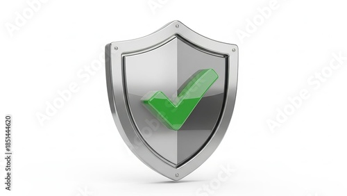 Metallic shield icon with a green check mark symbol representing security, protection, safety, and verified approval