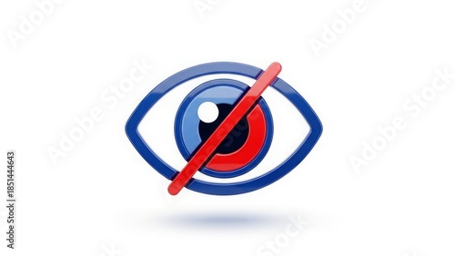 3D rendering of an eye symbol with a red diagonal line indicating privacy, blindness, or hidden content on a white background