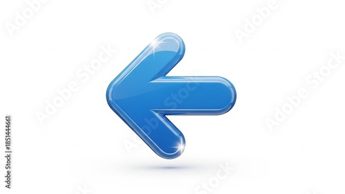 Glossy blue 3D arrow pointing left with a shiny surface isolated on a white background
