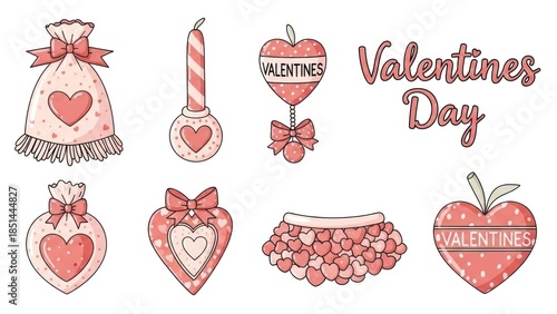 Cute and Charming Valentine's Day Cartoon Illustrations Set with Hearts and Love Symbols