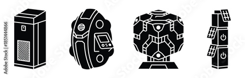 Collection of four modern technology gadget icons, simple black and white outline style design.