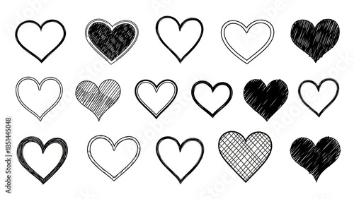 Collection of 15 Sketched and Filled Heart Illustrations in Different Styles for Romantic or