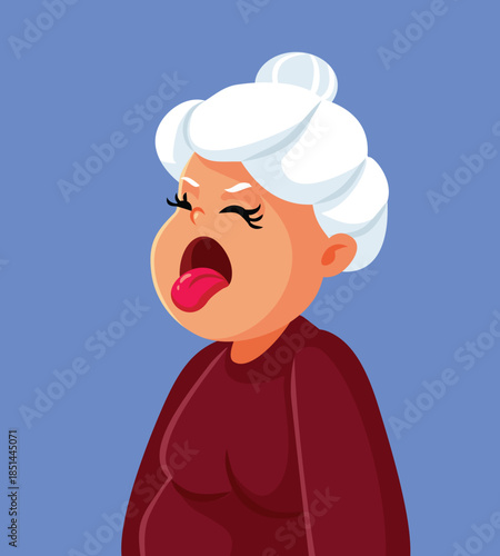 Elderly Woman Feeling Disgusted Making Grimace Vector Illustration. Senior lady disliking something very much feeling nauseated 

