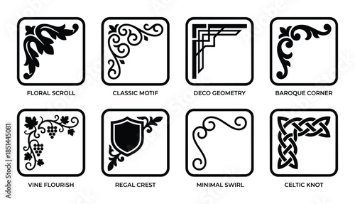 Collection of ornamental corner designs. Features floral scroll, classic motif, and Celtic knot.