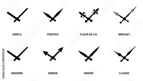 Clock hands set styles, icons: Simple, Pointed, Fleur-de-lis, Breguet, Modern, Arrow, Sword, Classic.