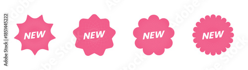 Collection of pink new labels. Promotion badges with radial lines and geometric shapes.