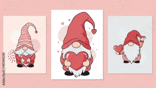 Cute cartoon gnomes holding hearts with affectionate and playful expressions in a whimsical style