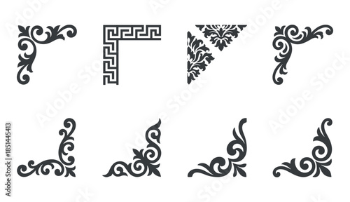 Collection of vector corner flourish designs and border elements for decoration projects. Design elements.