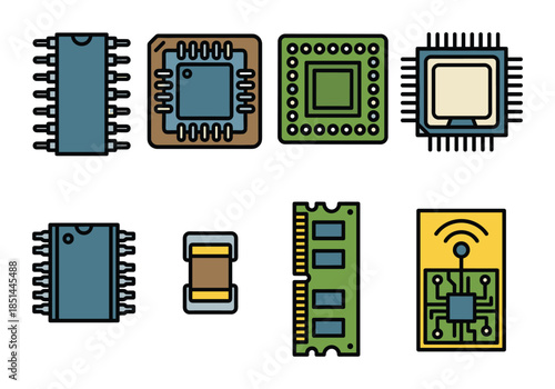Collection of vector illustrations showcasing integrated circuits and memory modules design.