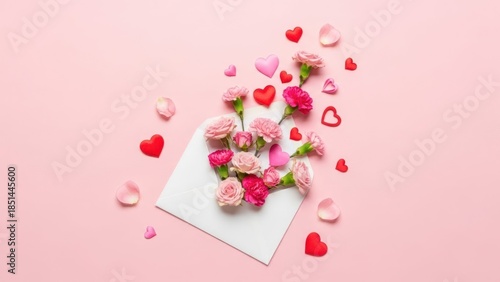 Celebrating Love and Affection with Beautiful Pink and Red Flowers and Heart-Shaped Decorations on