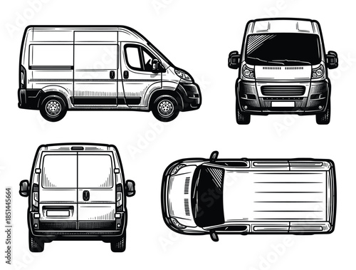 Complete black and white vector illustration of delivery van with side, front, top, and back views.