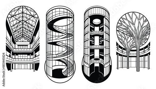 Detailed architectural illustrations showcase buildings with unique and intricate structures.