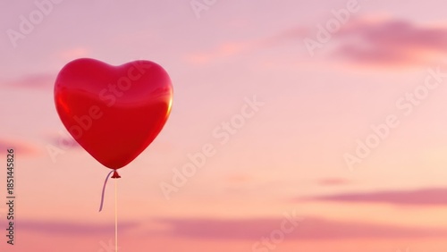 Bright red heart-shaped balloon floating against a soft pink sunset sky