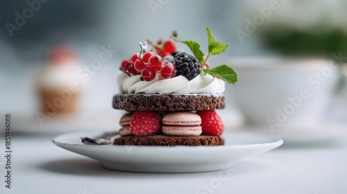 Delicious mini cake with chocolate layers, berries, macarons, and whipped cream