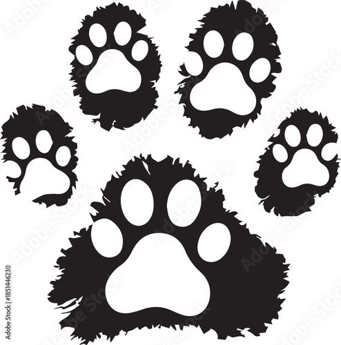 Furry animal paw print silhouettes in bold black style ideal for pet branding and design use