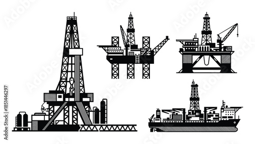 Detailed black and white vector set of oil rigs, platforms, and drillships for design projects.