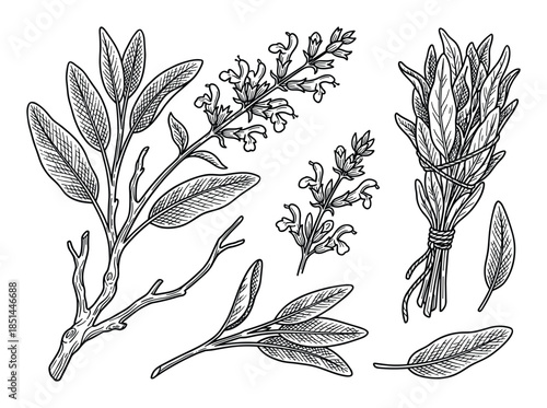 Detailed botanical line art drawings of fresh sage plant, including leaves, branches, and tied bundle.