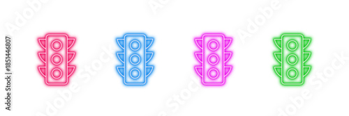 Neon glowing traffic light vector icons set, traffic control, road signal, urban transport, safety regulation, stop go wait, vibrant colorful digital design illustration on transparent background.