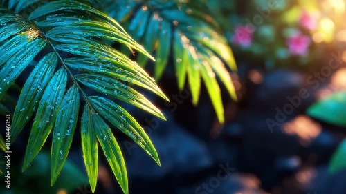 Vibrant green palm leaves with dew drops in tropical garden