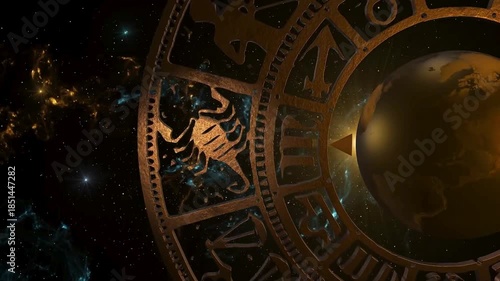 Zodiac wheel spinning with various astrological signs appearing, representing horoscopes and destiny.