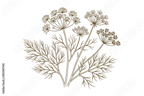 Detailed dill plant line drawing. Brown outline with flower heads and leaves on white background.