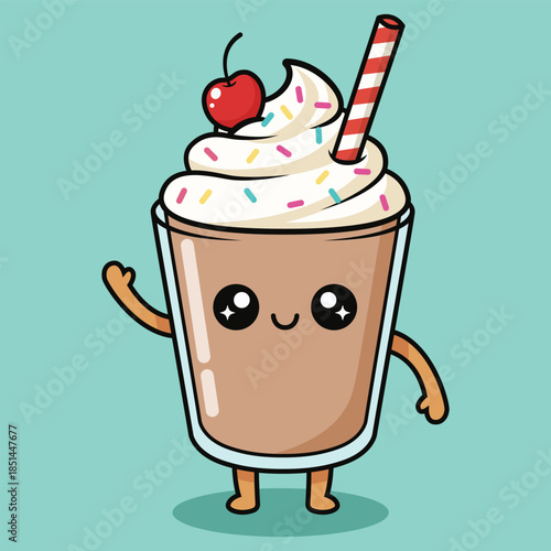 Cute Kawaii Chocolate Milkshake Character with Sprinkles and Cherry Vector Art