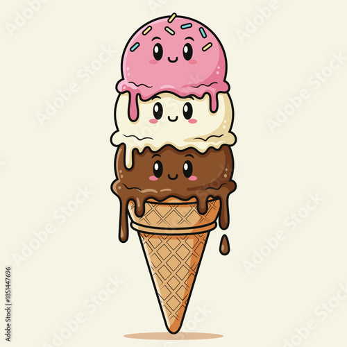 Adorable ThreeScoop Ice Cream Cone with Smiling Faces Vector Art