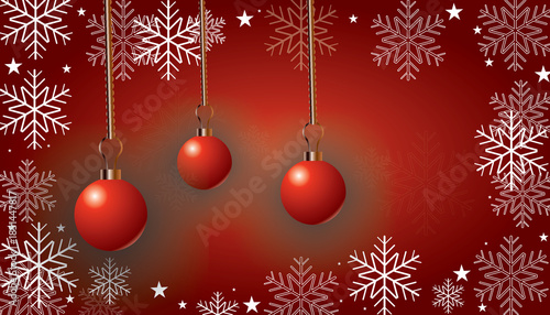 Red Christmas background with hanging baubles and white snowflakes. Festive holiday decoration with winter ornaments and stars.
