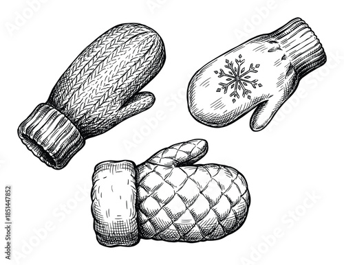 Detailed hand-drawn sketch set of three winter mittens isolated on white. Winter clothing concept.