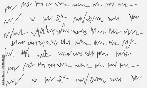 Grass line doodle. Outline grassland or meadow sketch, simple field design. Black grass brush stroke hand drawn texture for garden pattern or lawn