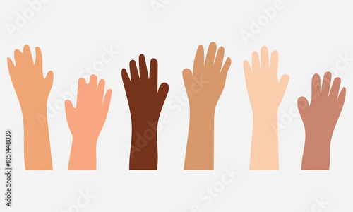 Hands raised up. raised cartoon hands in various skin tones. Many arms. Unity, diversity and support, vote and multiculturalism