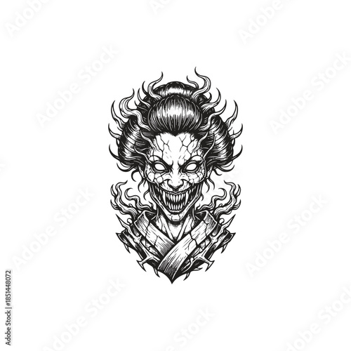 Horror Japanese geisha illustration with sharp demonic teeth and cracked skin in vintage etching style