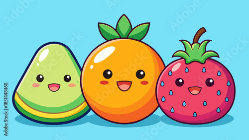 Adorable Kawaii Fruit Characters Sticker Set, Cheerful Strawberry, Orange, and Lime Cartoon Trio, Cute Fruit Stickers with Happy Smiling Faces