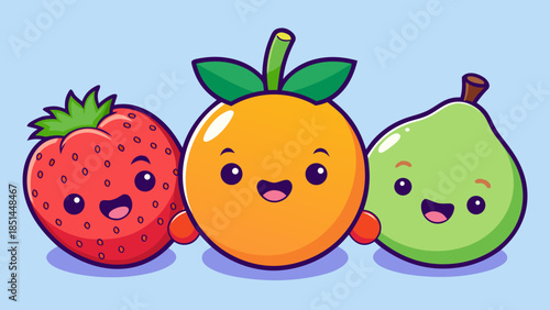 Adorable Kawaii Fruit Characters Sticker Set, Cheerful Strawberry, Orange, and Lime Cartoon Trio, Cute Fruit Stickers with Happy Smiling Faces