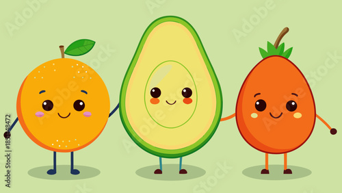 Adorable Kawaii Fruit Characters Sticker Set, Cheerful Strawberry, Orange, and Lime Cartoon Trio, Cute Fruit Stickers with Happy Smiling Faces