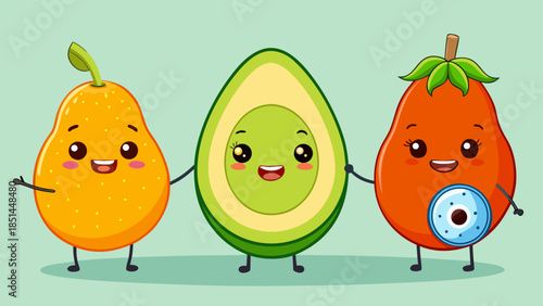 Adorable Kawaii Fruit Characters Sticker Set, Cheerful Strawberry, Orange, and Lime Cartoon Trio, Cute Fruit Stickers with Happy Smiling Faces