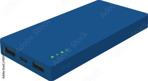 Vector illustration of a portable power bank with USB ports and LED indicators. Ideal for tech, energy, and gadget graphics.