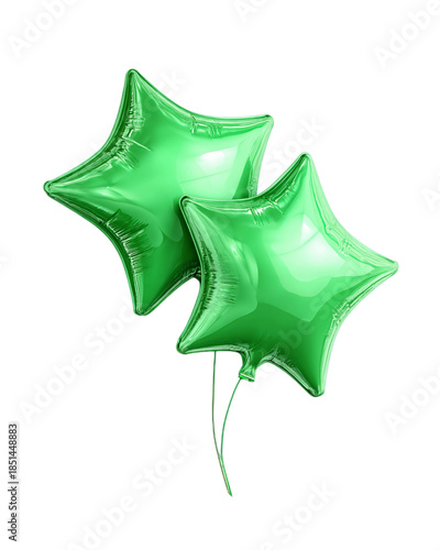 Two Green Star Balloons Floating on Transparent Background for Celebration Designs, PNG